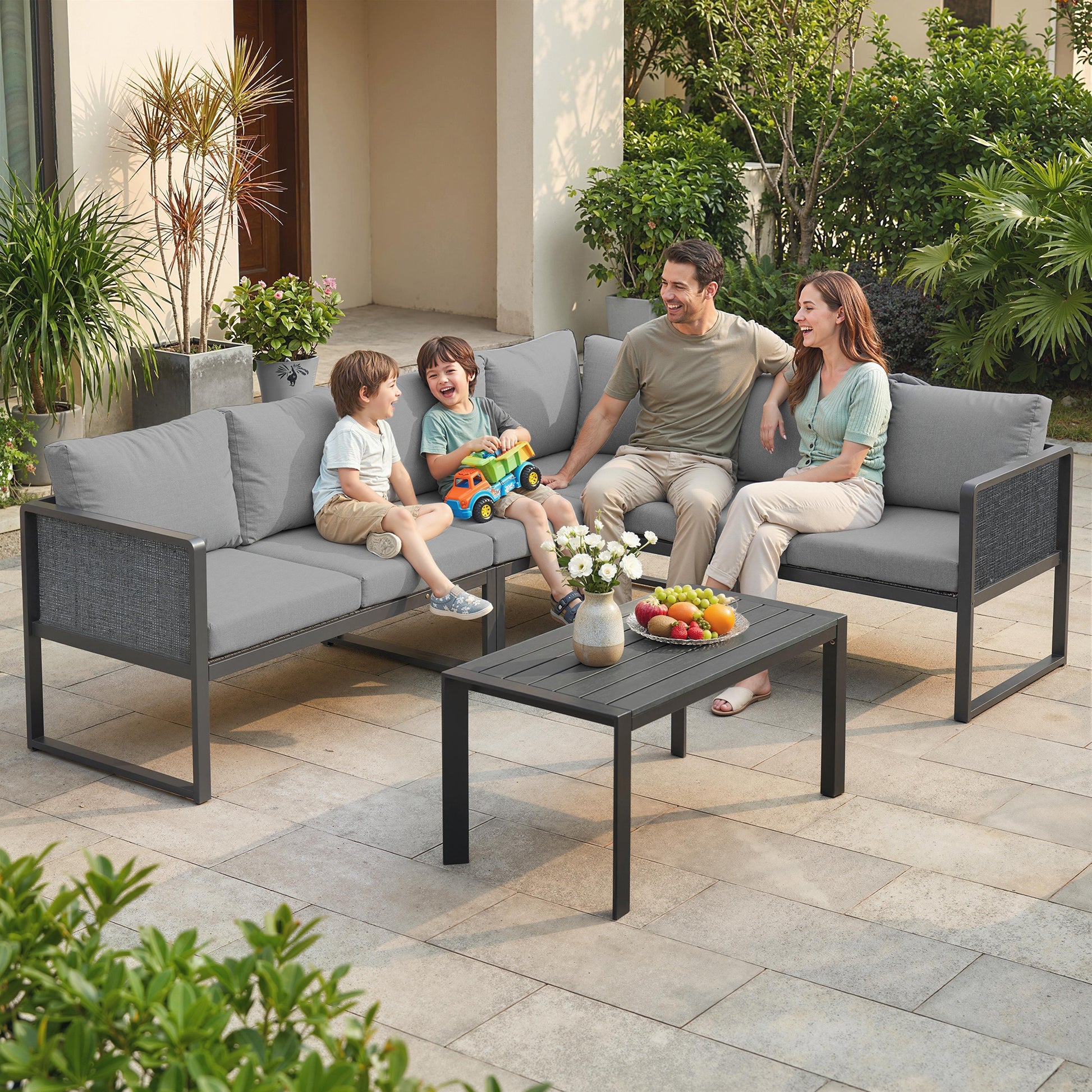 Outsunny 6 Seater Metal Garden Furniture Corner Sofa Set with 3 Loveseats, Faux Wood Table, Texteline Seat, Cushions, Dark Grey