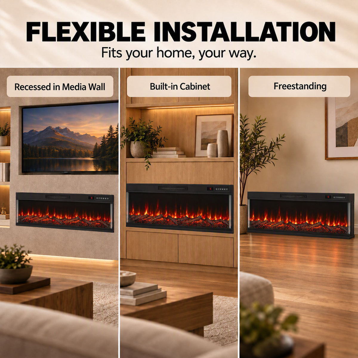 HOMCOM 60" Electric Fireplace Insert, 3-Sided Freestanding/Wall Recessed Electric Fire Heater with Adjustable Flame, 1800W