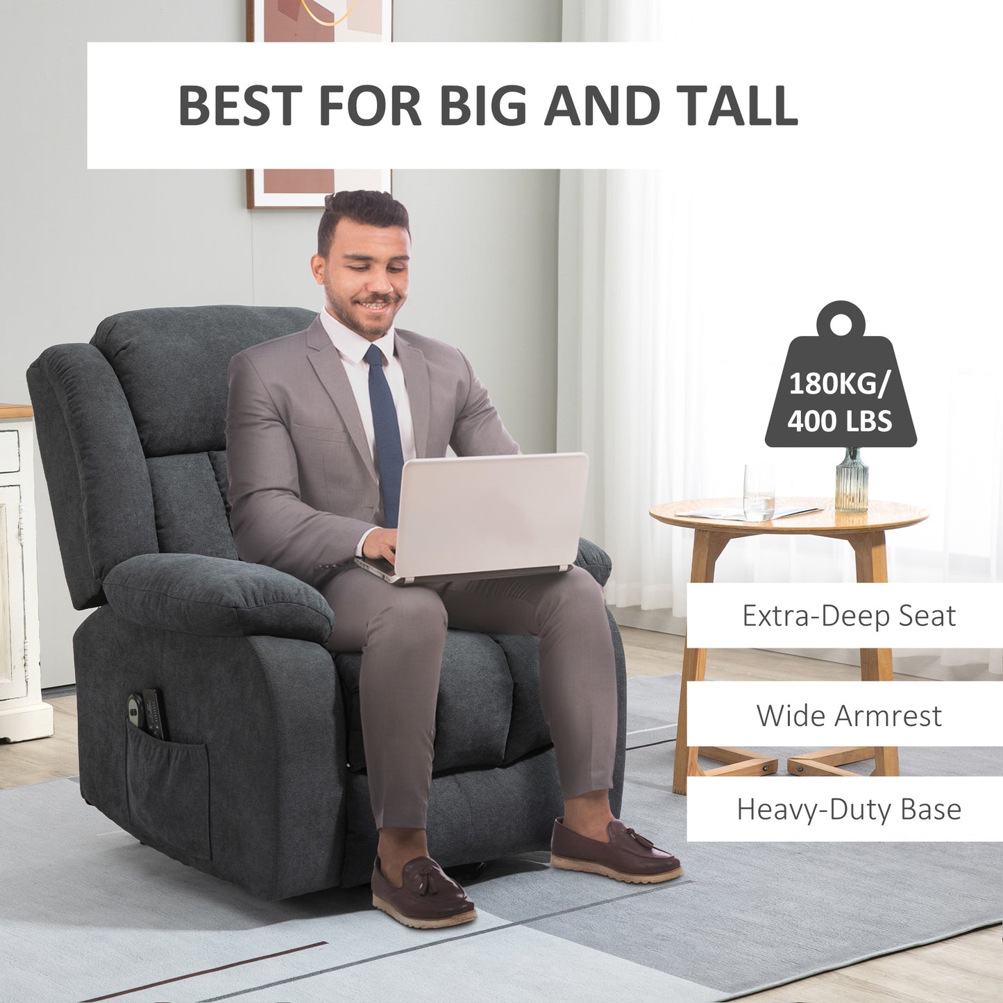 HOMCOM Overstuffed Riser and Recliner Chairs for the Elderly with 8 Vibration Massage, Fabric Upholstered Lift Chair for Living Room with Remote Control, Side Pocket, Footrest, Dark Grey