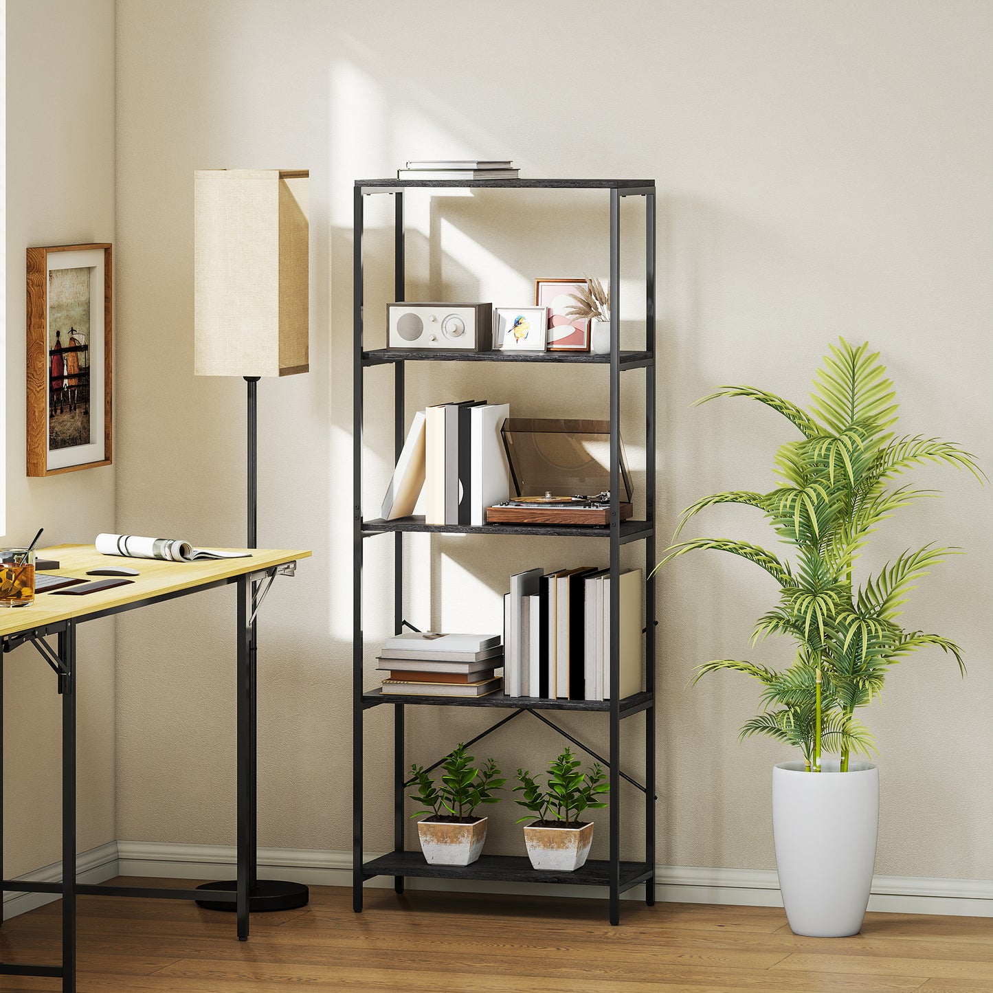 HOMCOM 5-Tier Bookshelf, Industrial Bookcase with Metal Frame - Dark Grey and Black