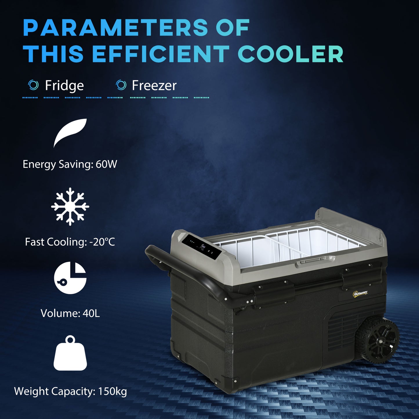 Outsunny 40L Car Refrigerator, Portable Compressor Cooler Box, Fridge Freezer w/ Inner LED Light, Foldable Handles, Cup Holders, 12/24V DC and 110-240V AC for Campervan RV Boat Travel Down to -20â„ƒ