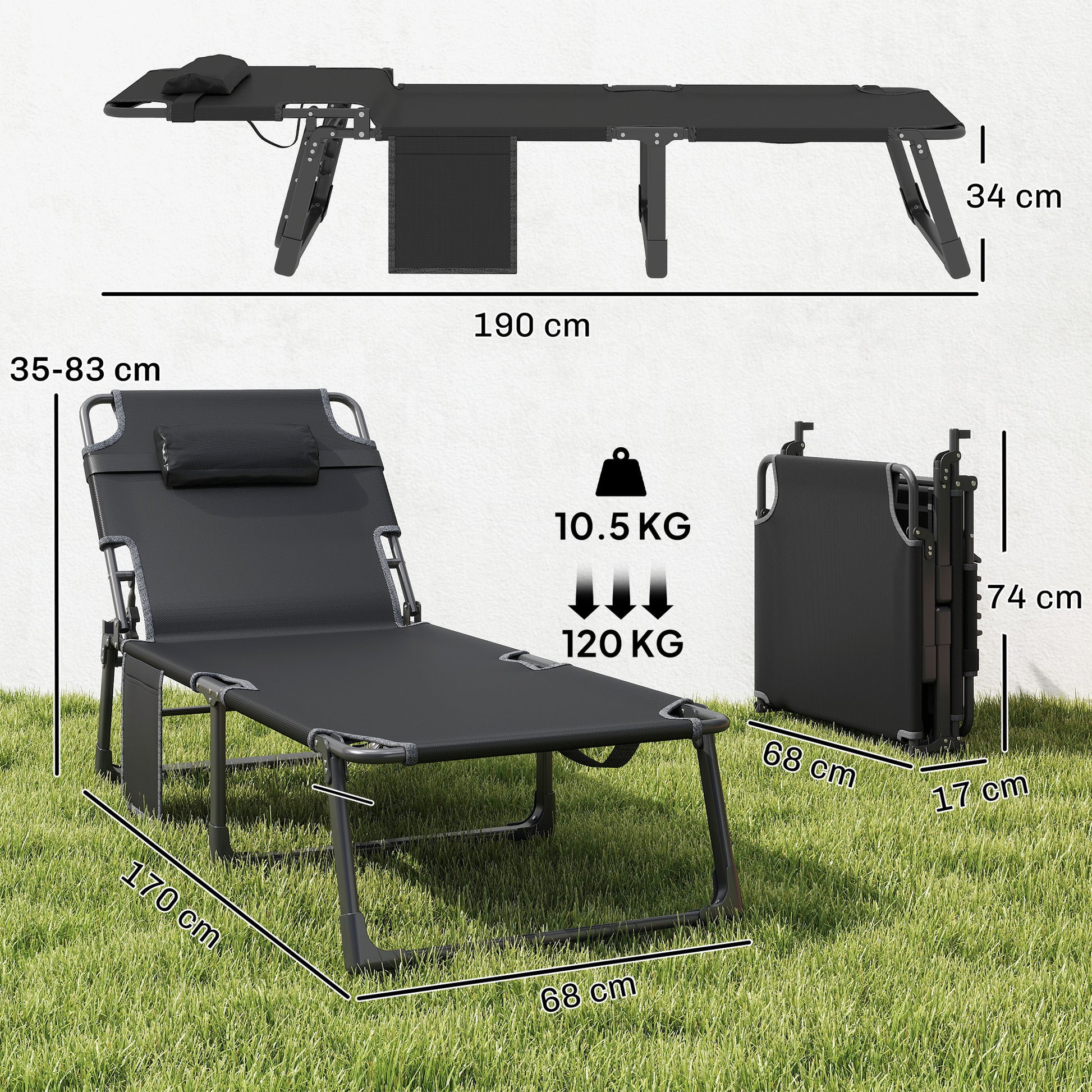Outsunny Folding Sun Lounger for Garden, 5-Position Oversized Camping Bed Recliner with Cushions, Blue
