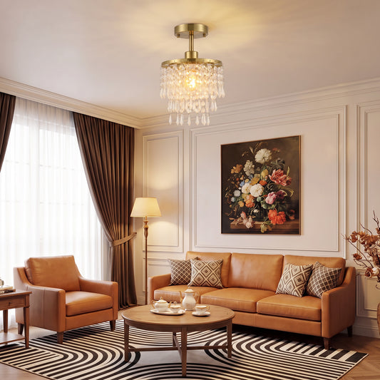HOMCOM Crystal Ceiling Light with 57 Crystal Strands, Ceiling Light with Mounting Plate for Hallway, Gold Tone