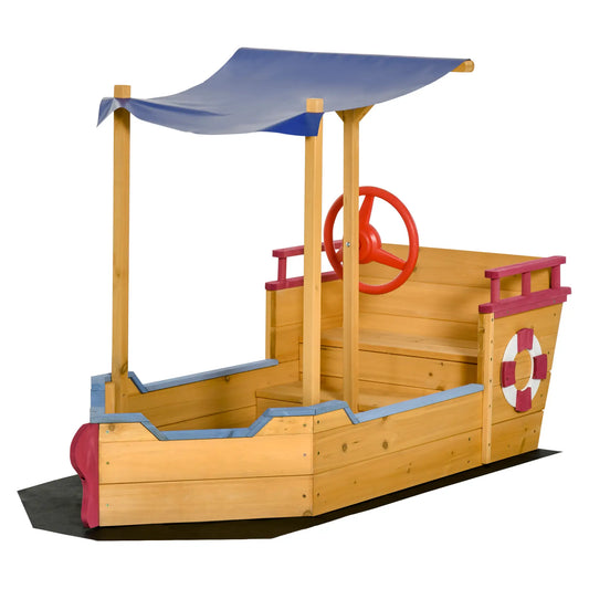 Kids Wooden Sand Pit Children Sandbox Pirate Ship Sandboat Play Station for Outdoor w/ Canopy Shade Storage Bench Bottom Liner