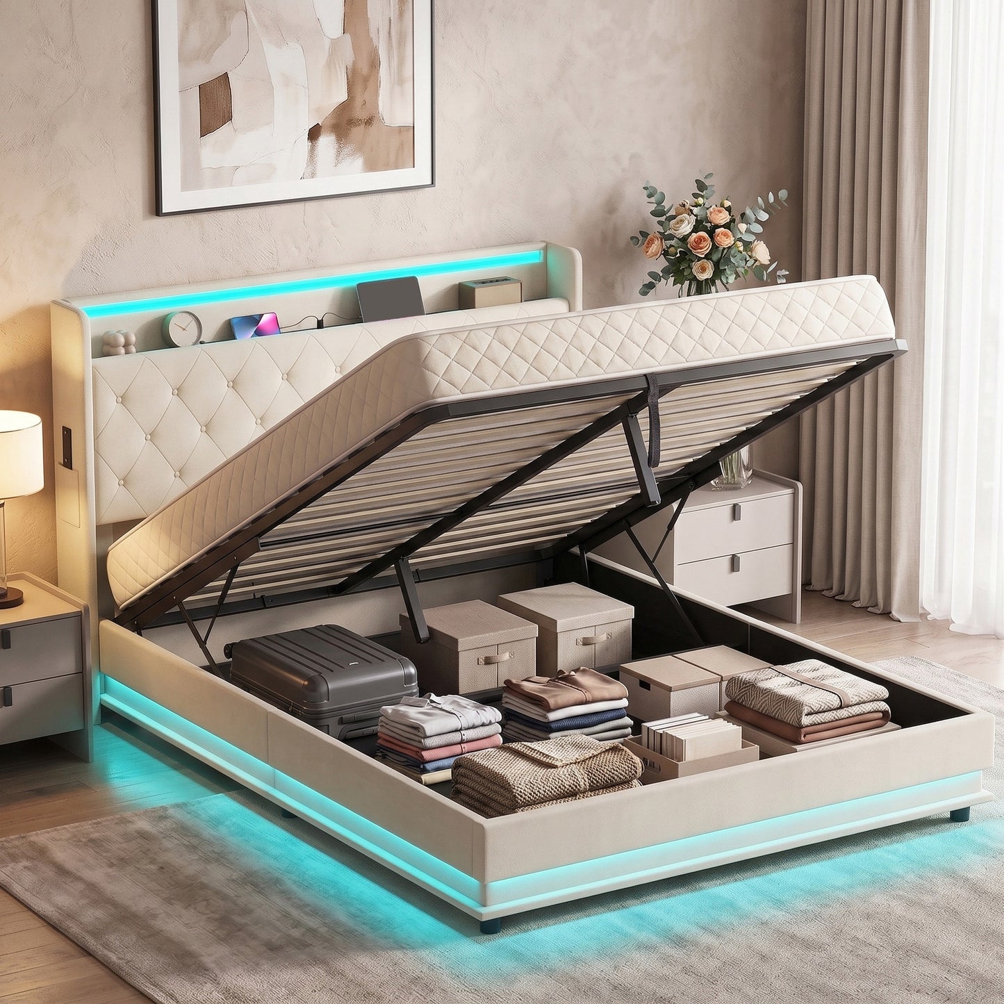 HOMCOM 5ft King Bed Frame with Headboard, Platform Bed Frame with Hydraulic Storage, LED Lights and Charging Station, White