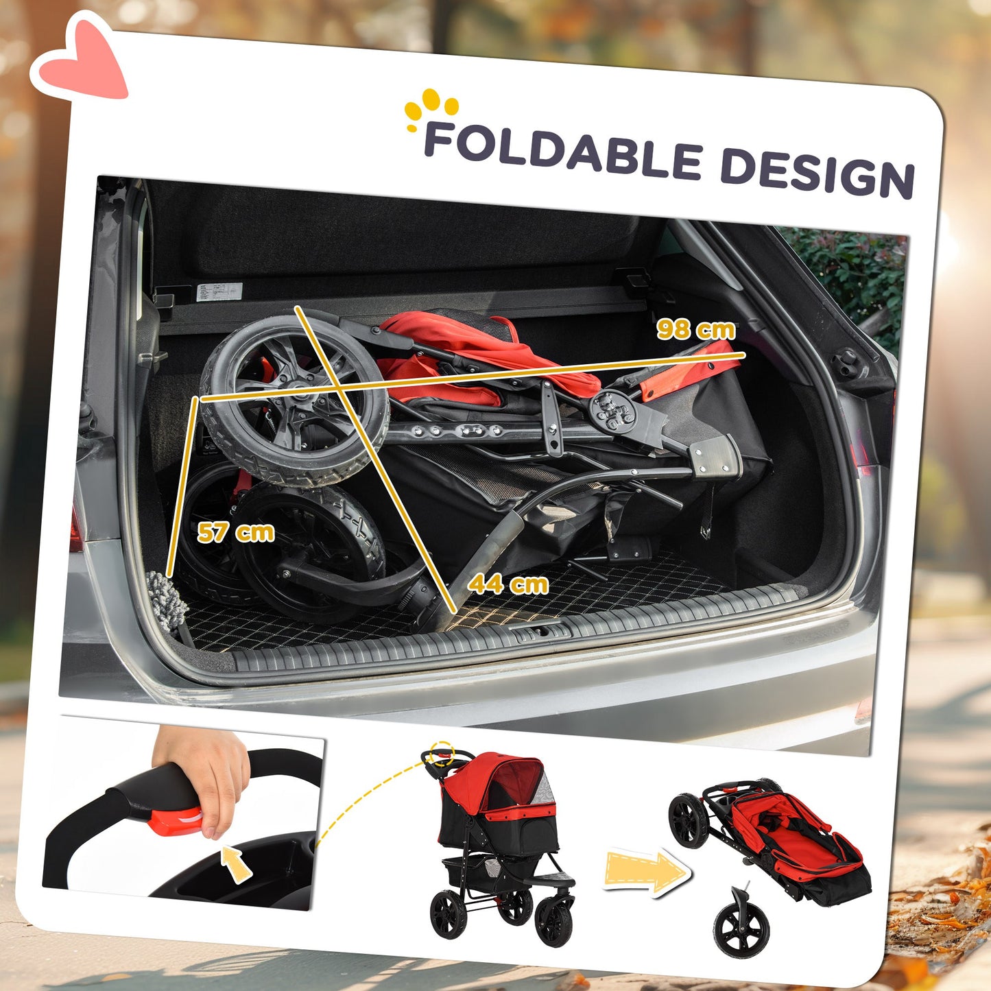 PawHut Dog Stroller Foldable Pet Pram, 3 Wheels Dog Pushchair with Brake, for Small Dogs & Cats, Red