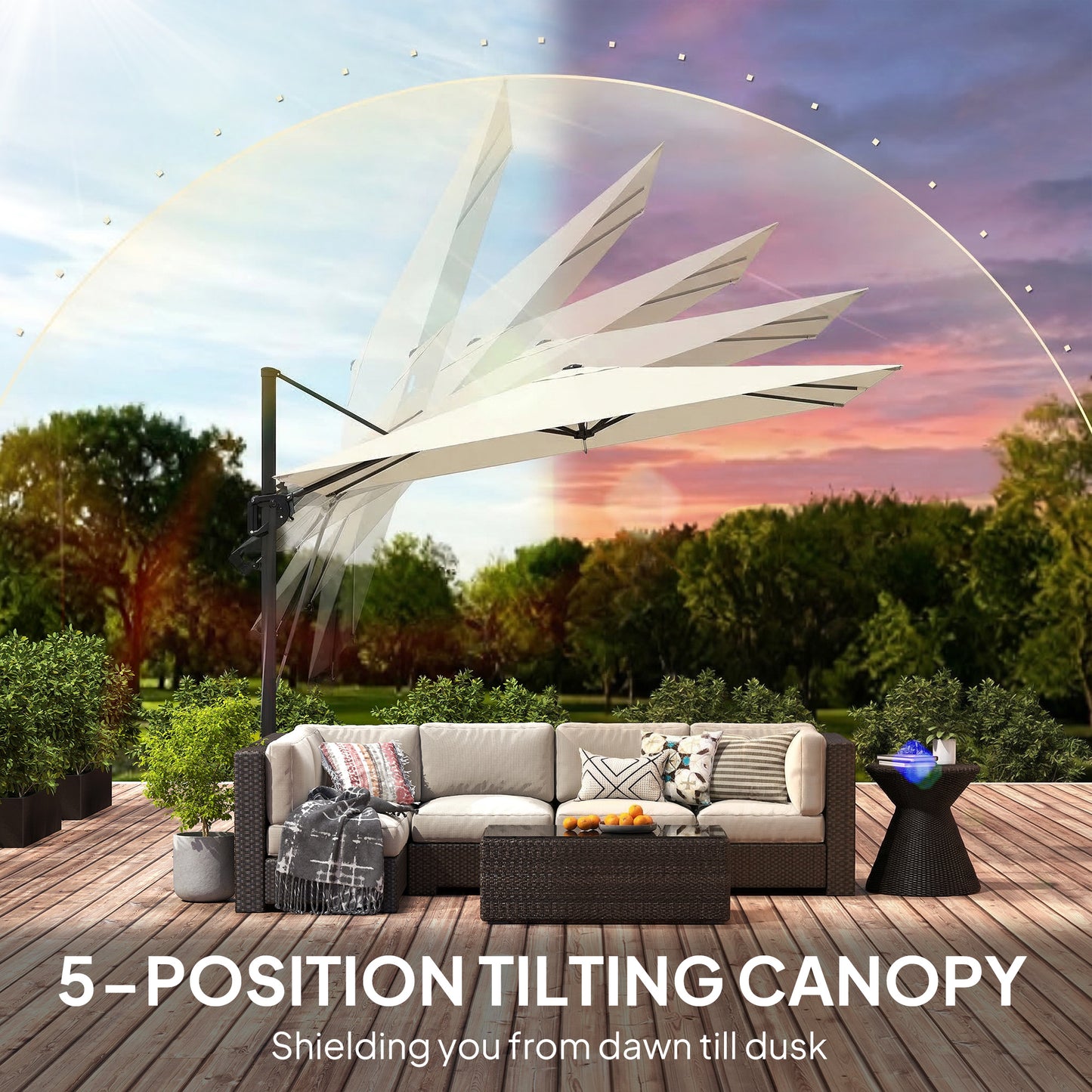 Outsunny 3 x 3 m Garden Cantilever Parasol w/ Light, Cover, UPF50+ Patio Umbrella w/ Wind Protection, 360Â° Rotation, Cream White