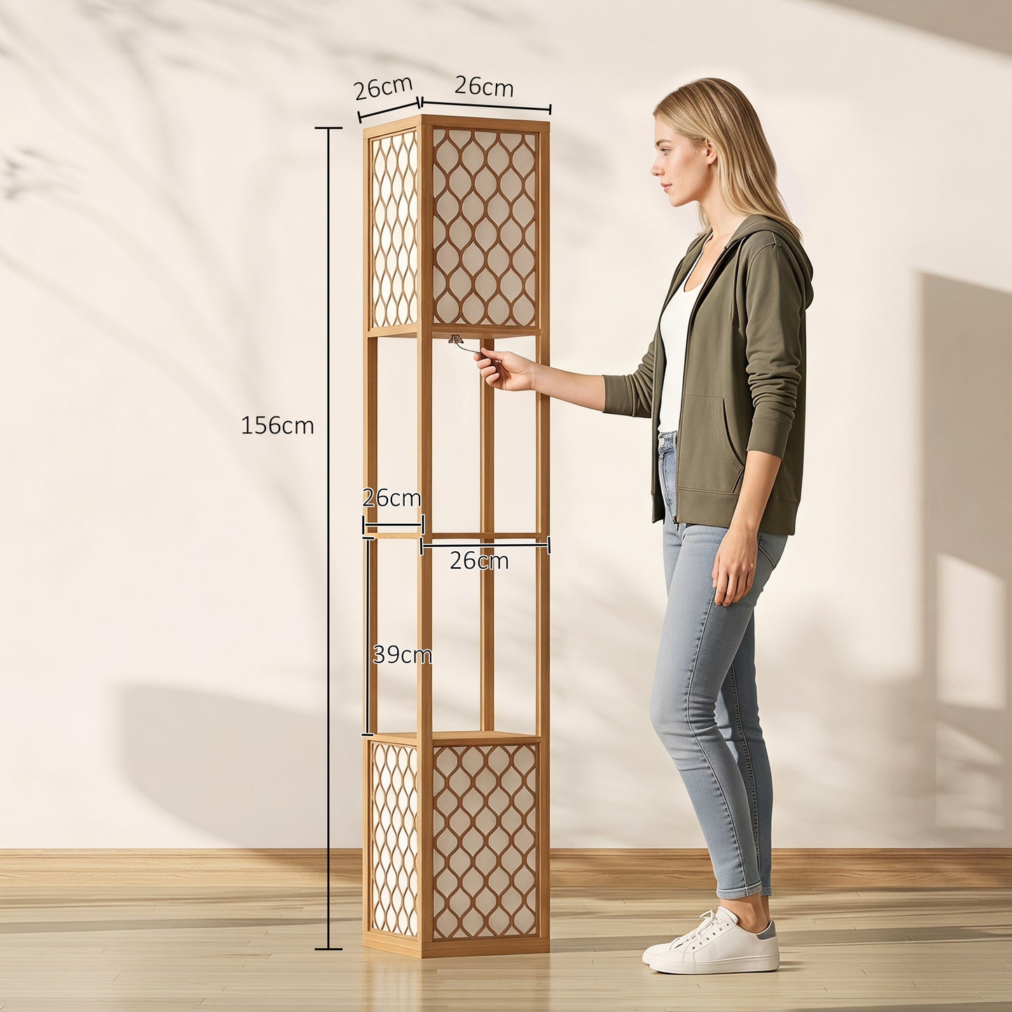 HOMCOM Floor Lamp with Shelves, Modern Tall Standing Lamp with Fabric Lampshades, Zipper Switch, Natural Wood Finish