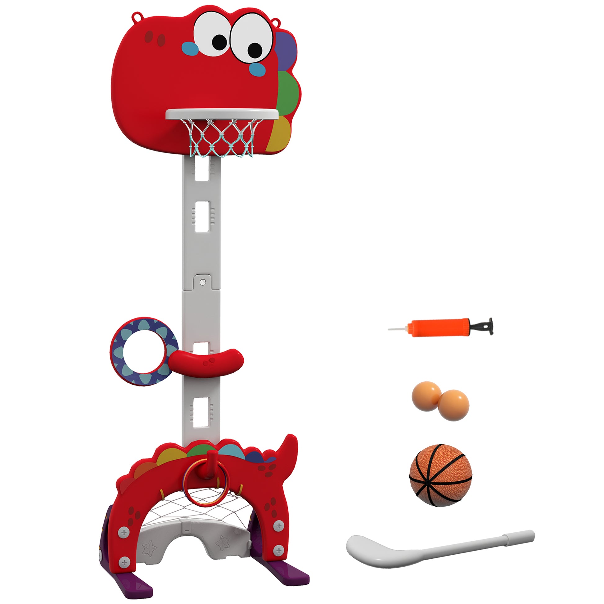 AIYAPLAY 5-in-1 Dinosaur Basketball Set with Adjustable Basketball Stand and Golf Game, Indoor for Boys Girls, Red Default Title