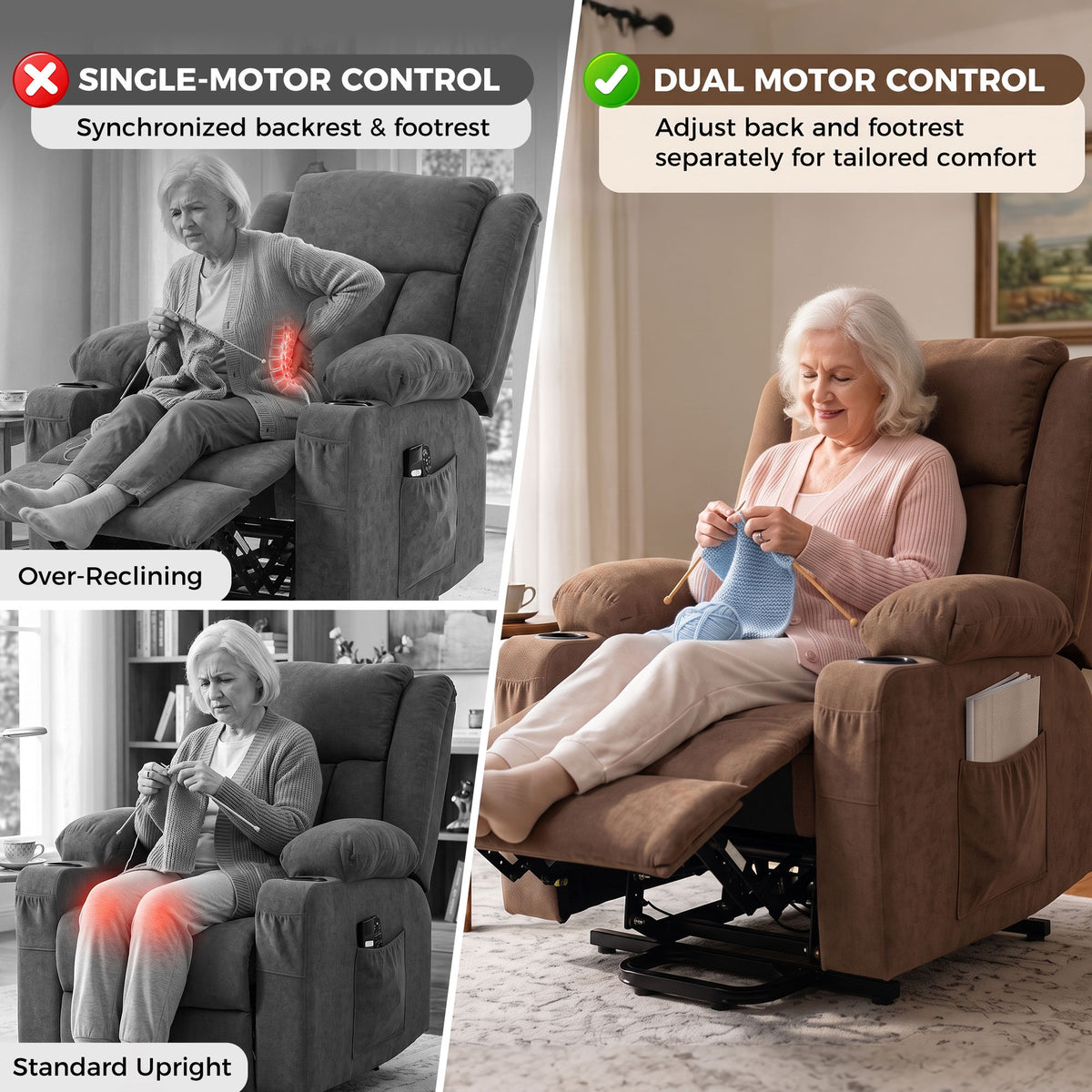 HOMCOM Dual Motor Recliner Chair, 55Â° Electric Lift Chair for Elderly, Recliner Armchair with Massage and Heat, Brown