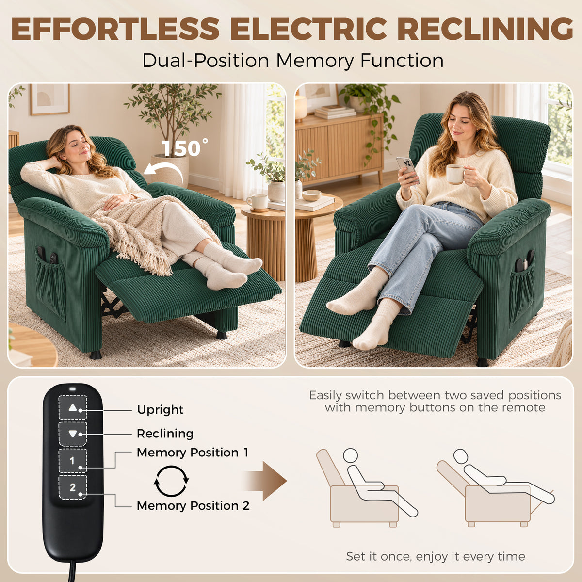 HOMCOM Corduroy Electric Recliner Armchair with Massage and Heat - Green