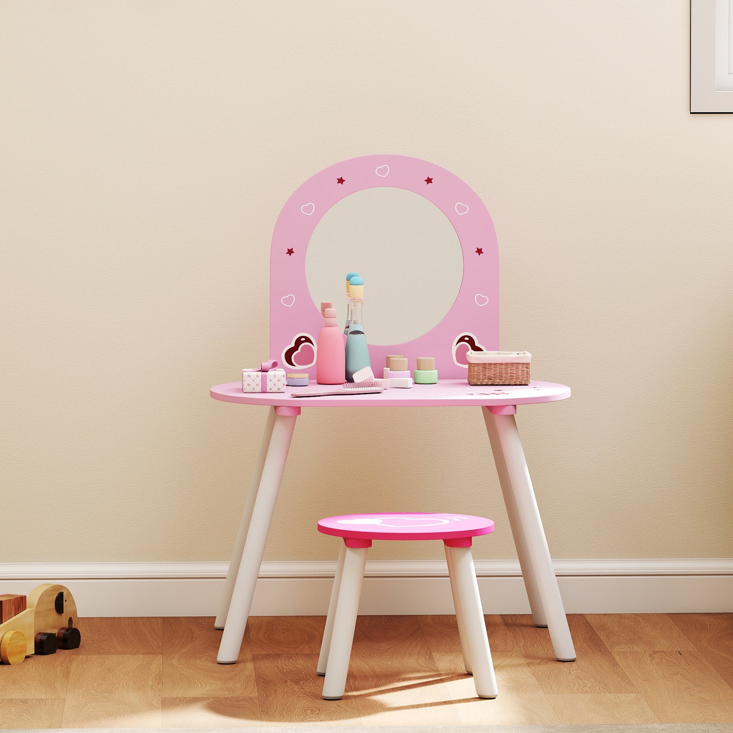 AIYAPLAY Kids Dressing Table with Mirror and Stool, Girls Vanity Set for Kids Room, Bedroom, Nursery, for Ages 3â€“6 Years, Pink