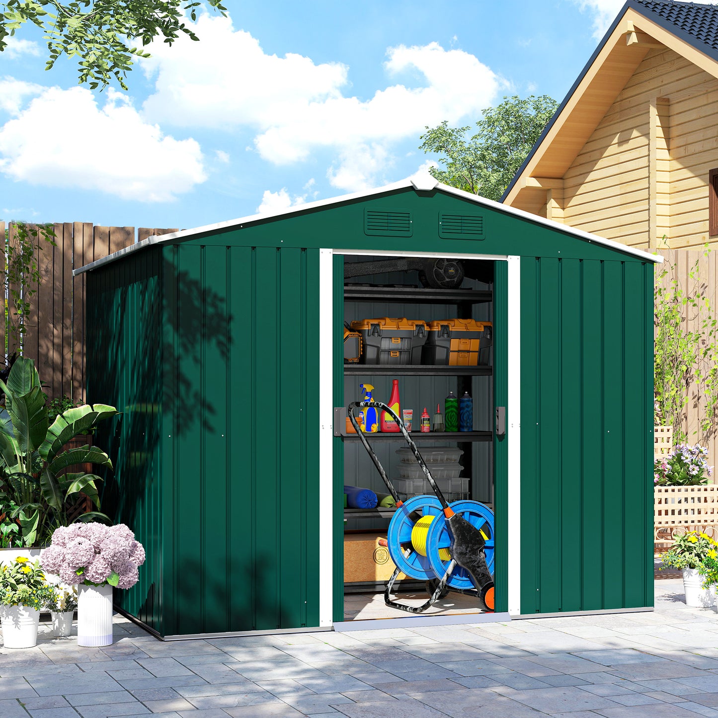 Outsunny Large Garden Storage Shed, 7.7 x 5.7 with Ventilation Slots and Sliding Doors for Gardeners, Green