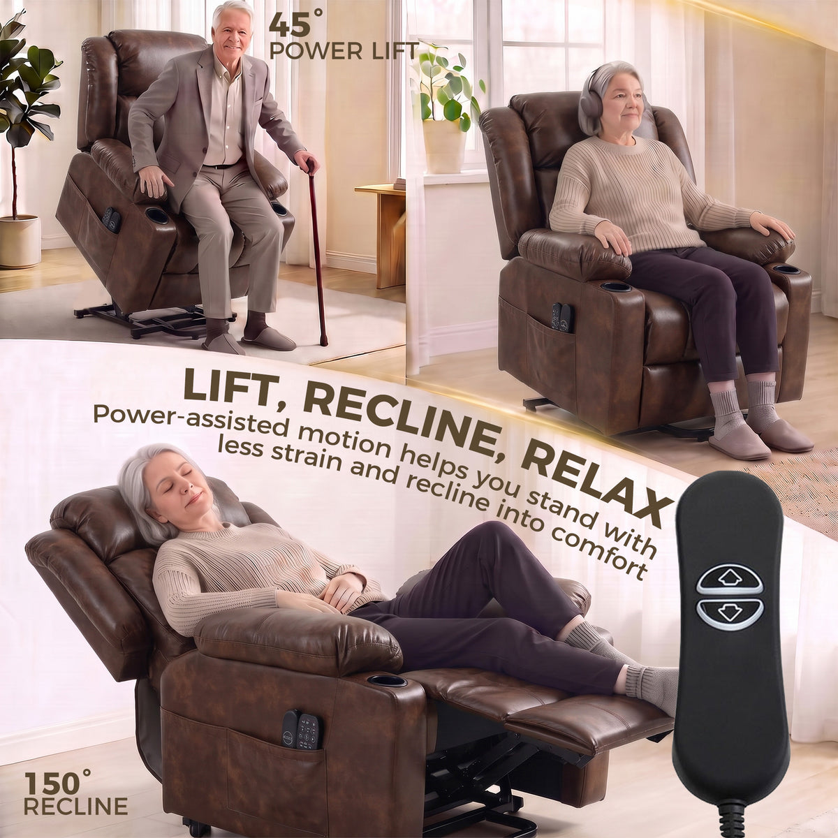 HOMCOM Riser Recliner Chair with Massage and Heat for Elderly, PU Leather Power Electric Lift Armchair, Cup Holders, Brown