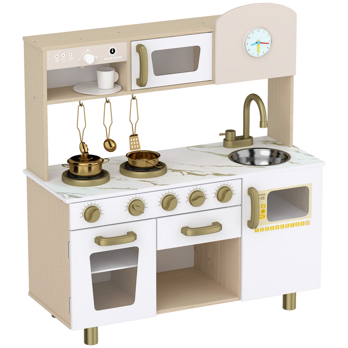 AIYAPLAY Play Kitchen, Kids Kitchen Playset with Rotating Coffee Machine, Storage Shelf, Stove, Gift for Kids 3-6 Years, White