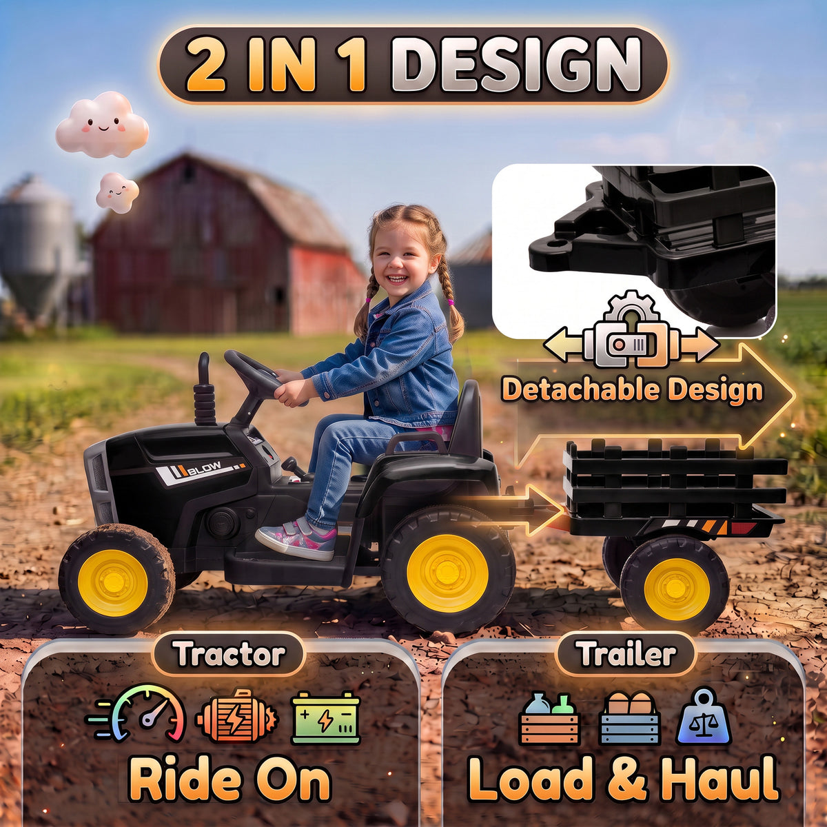 HOMCOM 12V Kids Ride on Tractor with Detachable Trailer, Remote, Soft Start, Seat Belt, Music, USB, Horn, Lights for 3-6, Black