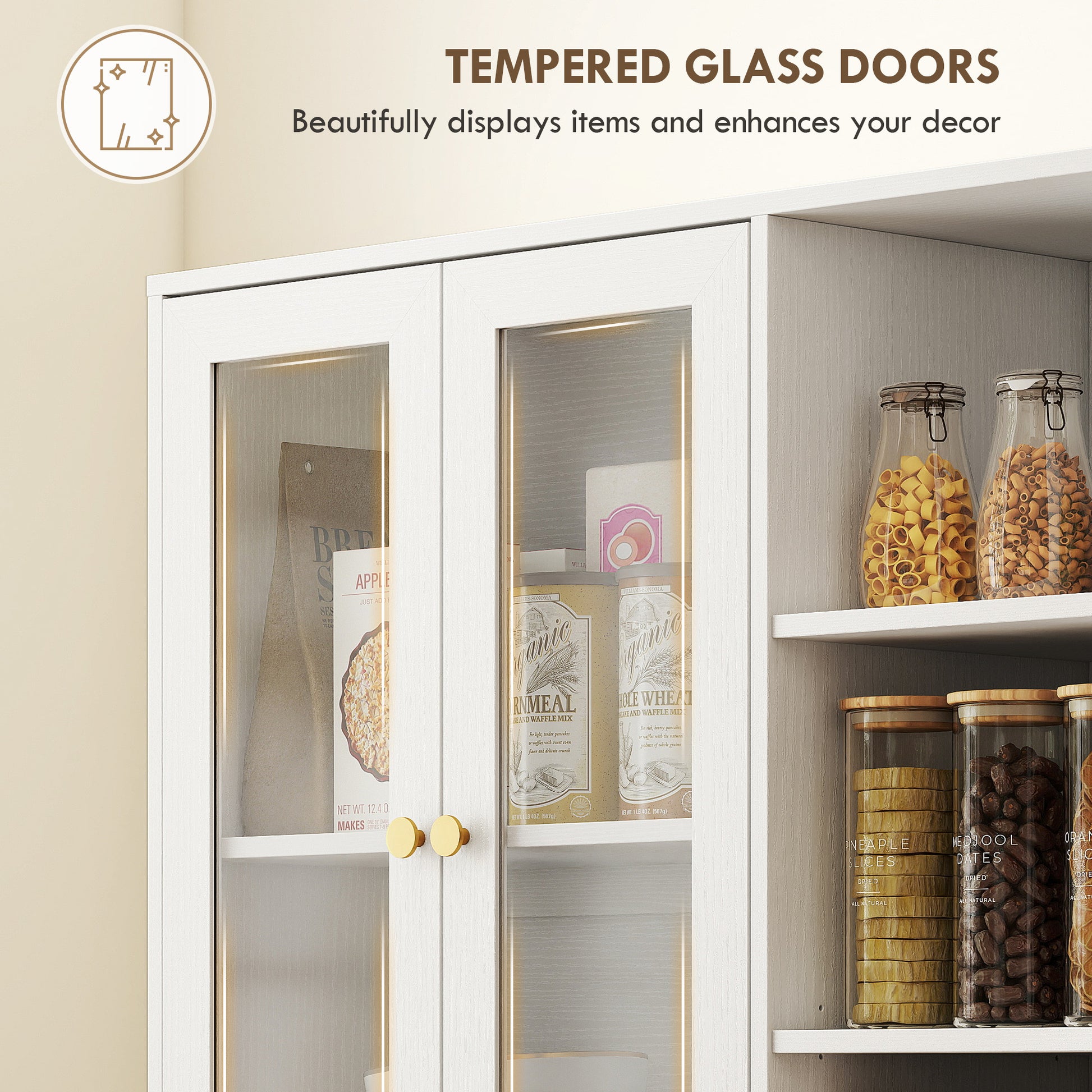 HOMCOM Multi-Storage Kitchen Cabinet, with Glass Doors - White Wood-Effect