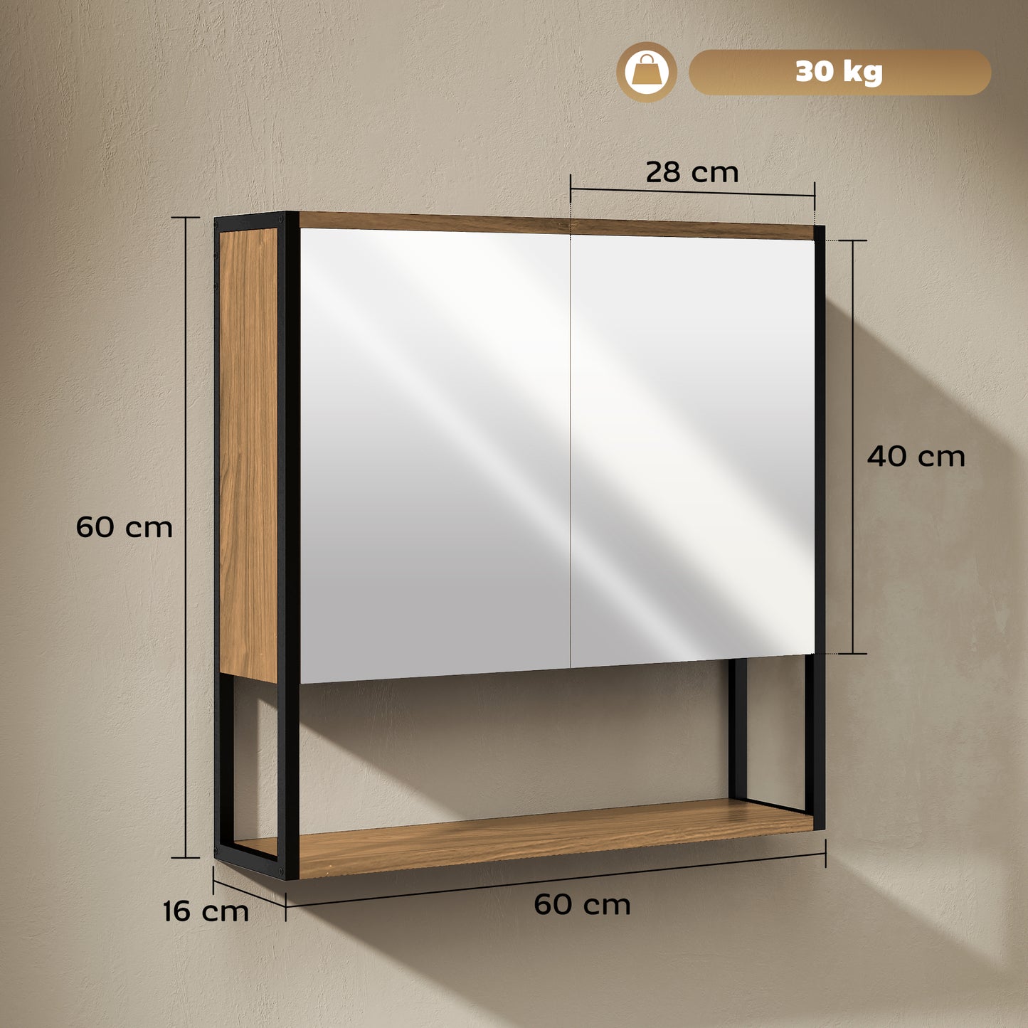 HOMCOM Bathroom Mirror Cabinet with Soft-Close Doors and Adjustable Shelf - Natural Wood Finish