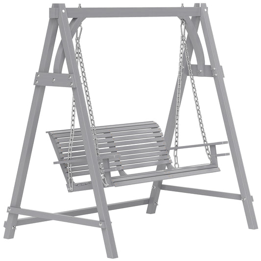 Outsunny 2 Seater Garden Swing Seat, Wooden Swing Chair Bench with Cup Holders for Outdoor Porch Patio, Grey