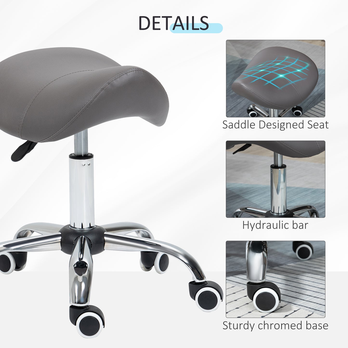 HOMCOM Cosmetic Stool 360Â° Rotate Height Adjustable Salon Massage Spa Chair Hydraulic Rolling Faux Leather Saddle Stool, Grey