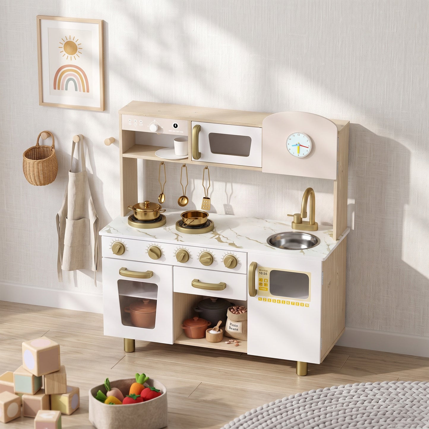 AIYAPLAY Play Kitchen, Kids Kitchen Playset with Rotating Coffee Machine, Storage Shelf, Stove, Gift for Kids 3-6 Years, White