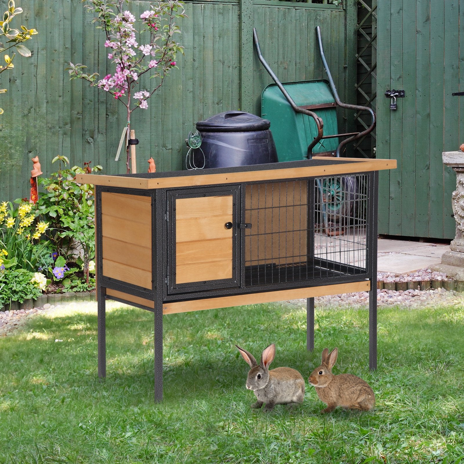 PawHut Wooden Guinea Pigs Hutches Elevated Pet House Bunny with Slide-Out Tray Outdoor Natural