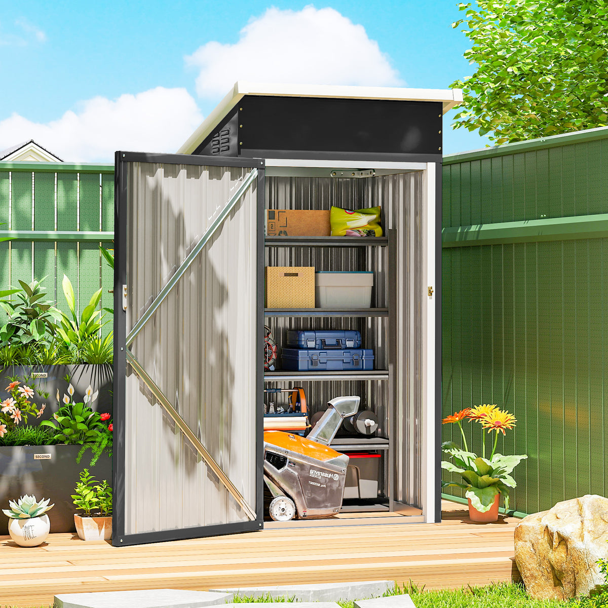 Outsunny 3.5 x 3 ft Outdoor Storage Shed with Sloping Roof, Lockable Door, 2 Vents and Gloves for Garden, Dark Grey