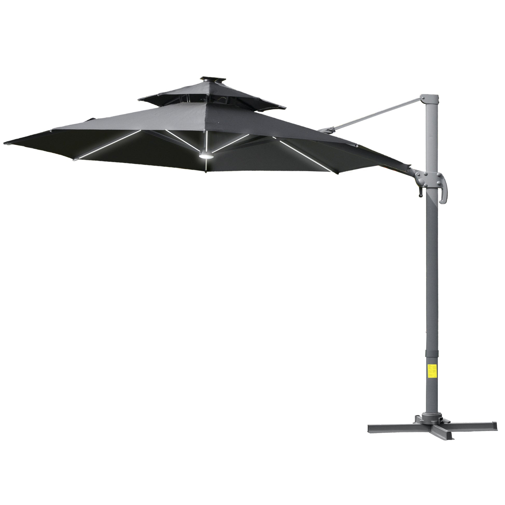 Outsunny 3m Cantilever Parasol w/ Solar Lights Power Bank Base 360Â° Spin Dark Grey