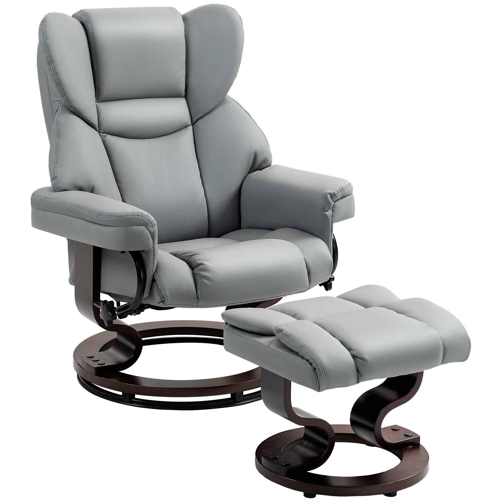 HOMCOM 360Â° Swivel Recliner Chair with Footstool, PU Leather Manual Recliner Armchair with Footstool, Solid Wood Base, Upholstered Reclining Chair for Living Room, Bedroom, Office, Light Grey Default Title