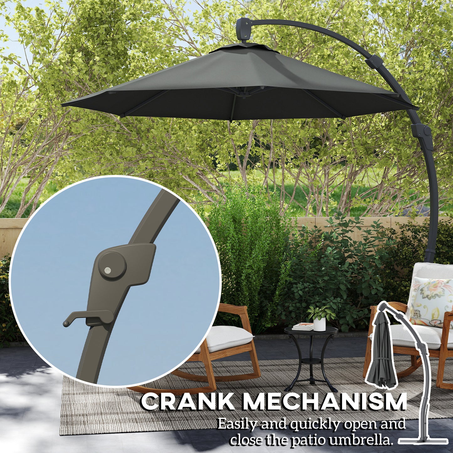 Outsunny 3(m) Garden Cantilever Parasol, Round Overhanging Umbrella with Crank Handle, Cross Base, Aluminium Frame and 360Â° Rotation, Banana Patio Umbrella for Outdoor Sun Shade, Grey