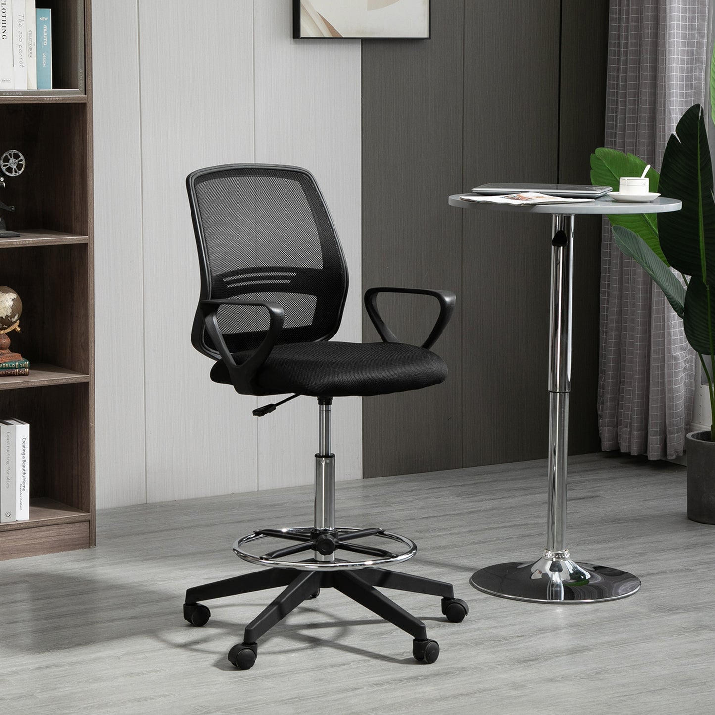 Vinsetto Ergonomic Mesh Back Draughtsman Chair, Tall Standing Desk Chair with Adjustable Height and Footrest 360Â° Swivel, Black