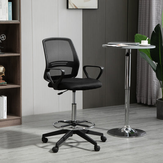Vinsetto Ergonomic Mesh Back Draughtsman Chair, Tall Standing Desk Chair with Adjustable Height and Footrest 360Â° Swivel, Black