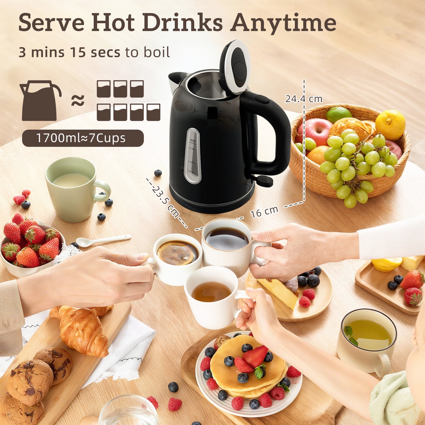 HOMCOM Kettle and Toaster Set, 1.7L 3000W Rapid Boil Jug Kettle with Strix Thermostat, Limescale Filter, 4 Slice Toaster with 7 Browning Controls, Crumb Tray, Black