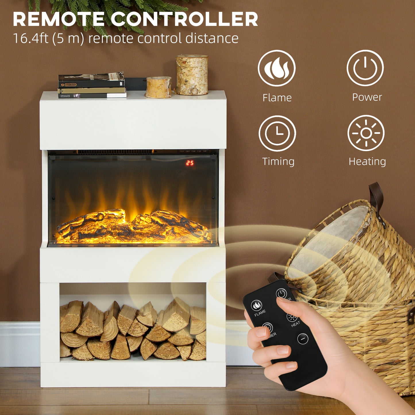 HOMCOM Electric Fireplace with 3D Flame Effect, 6 Colours & 3 Brightness Levels, 1000W/2000W White Electric Fire and Mantel Reach up to 30ãŽ¡ Space with Remote & Timer, 3 Sided View for Living Room