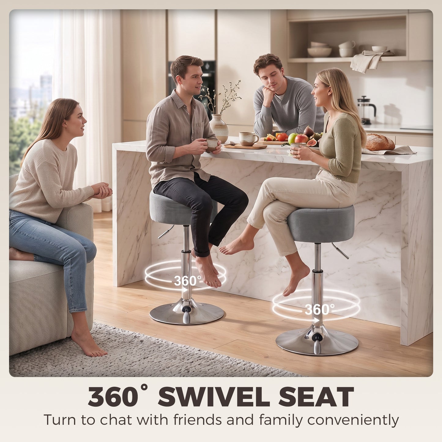 HOMCOM Bar Stool Adjustable Swivel Chair Velvet-Feel Seat 1 Piece, Grey