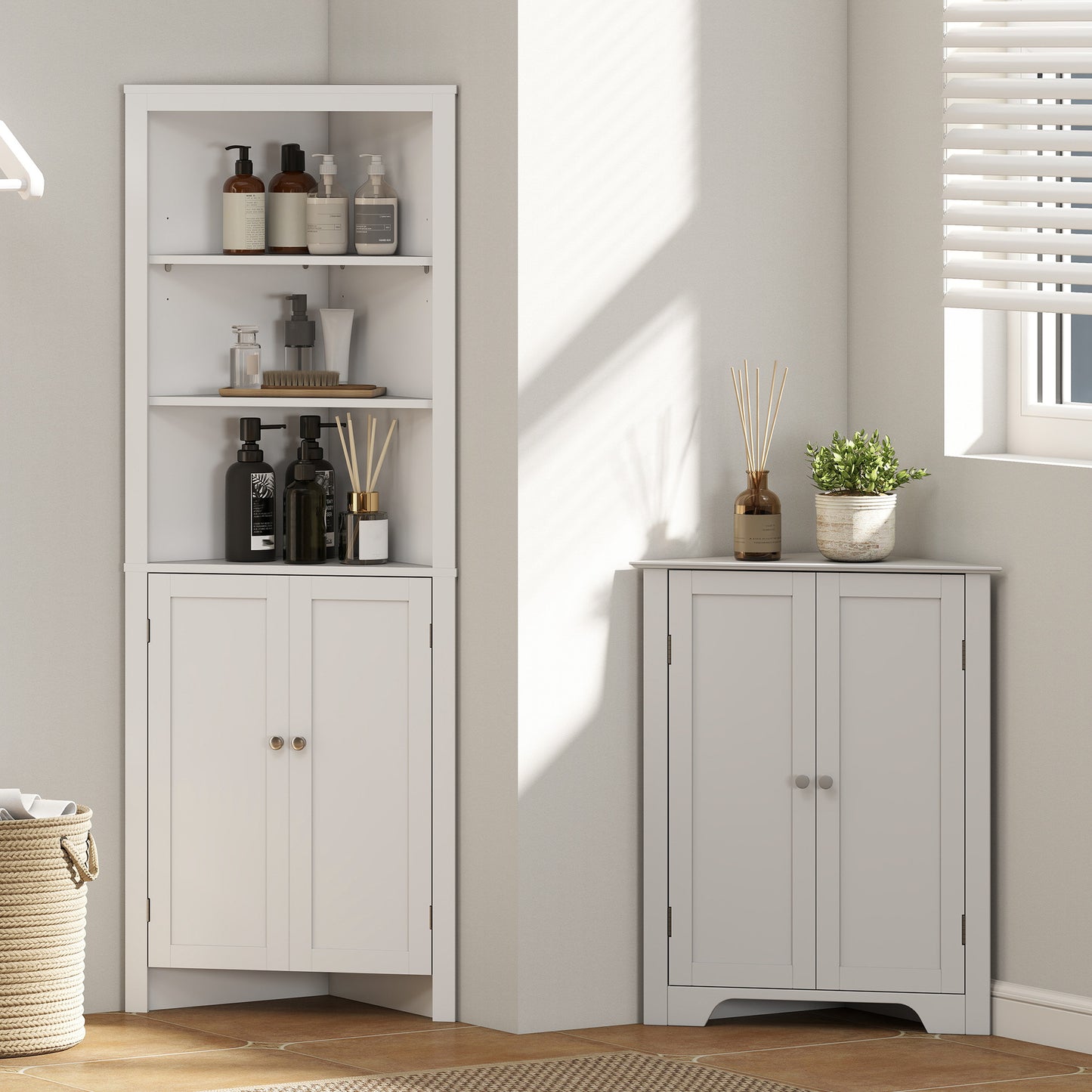 kleankin Triangle Bathroom Cabinet, Corner Bathroom Storage Unit with Adjustable Shelf and Recessed Door, Free Standing, White
