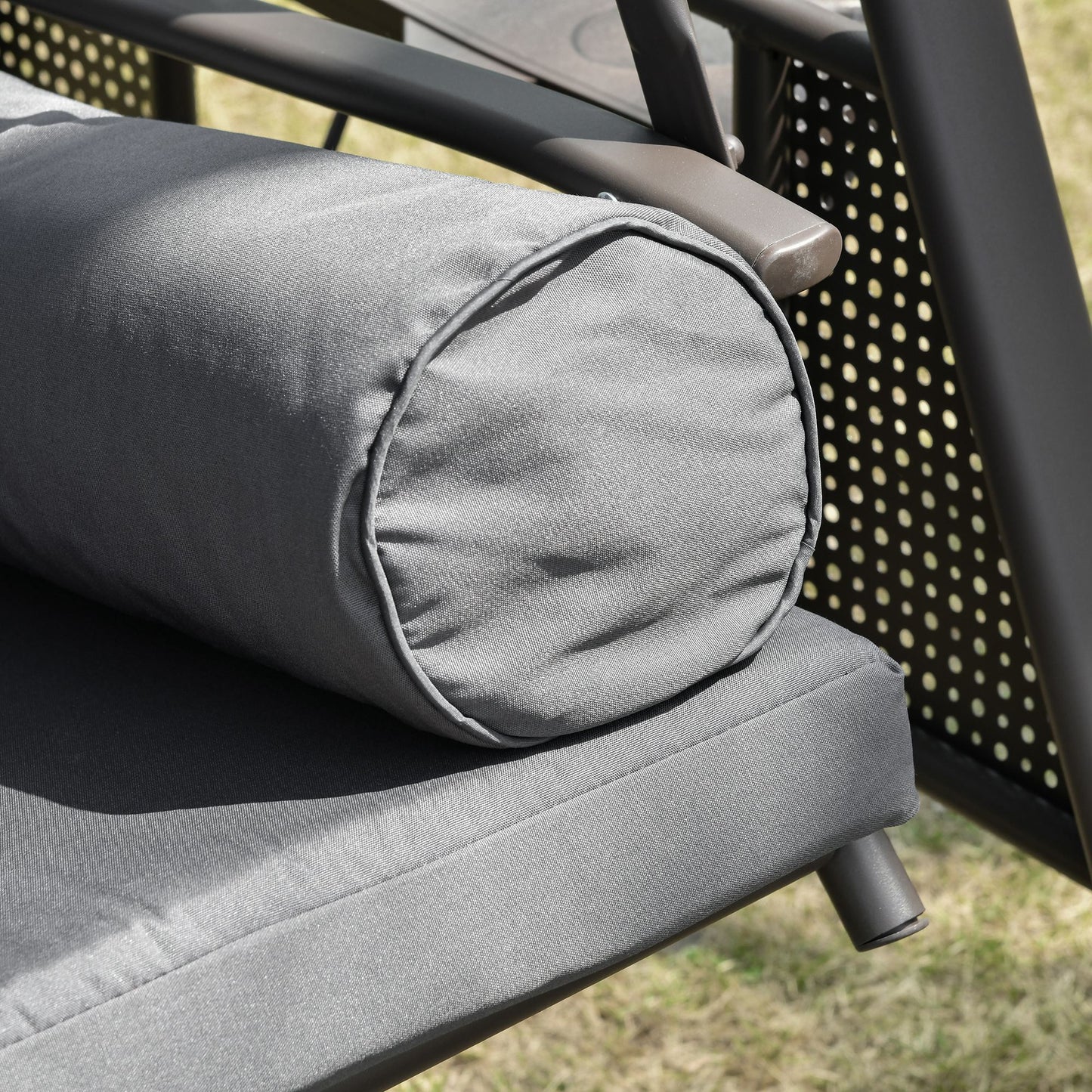 Outsunny 3 Seater Garden Swing Chair Outdoor Hammock Bench w/ Adjustable Canopy, Cushions and Cup Trays, Brown Steel Frame, Dark Grey Fabric