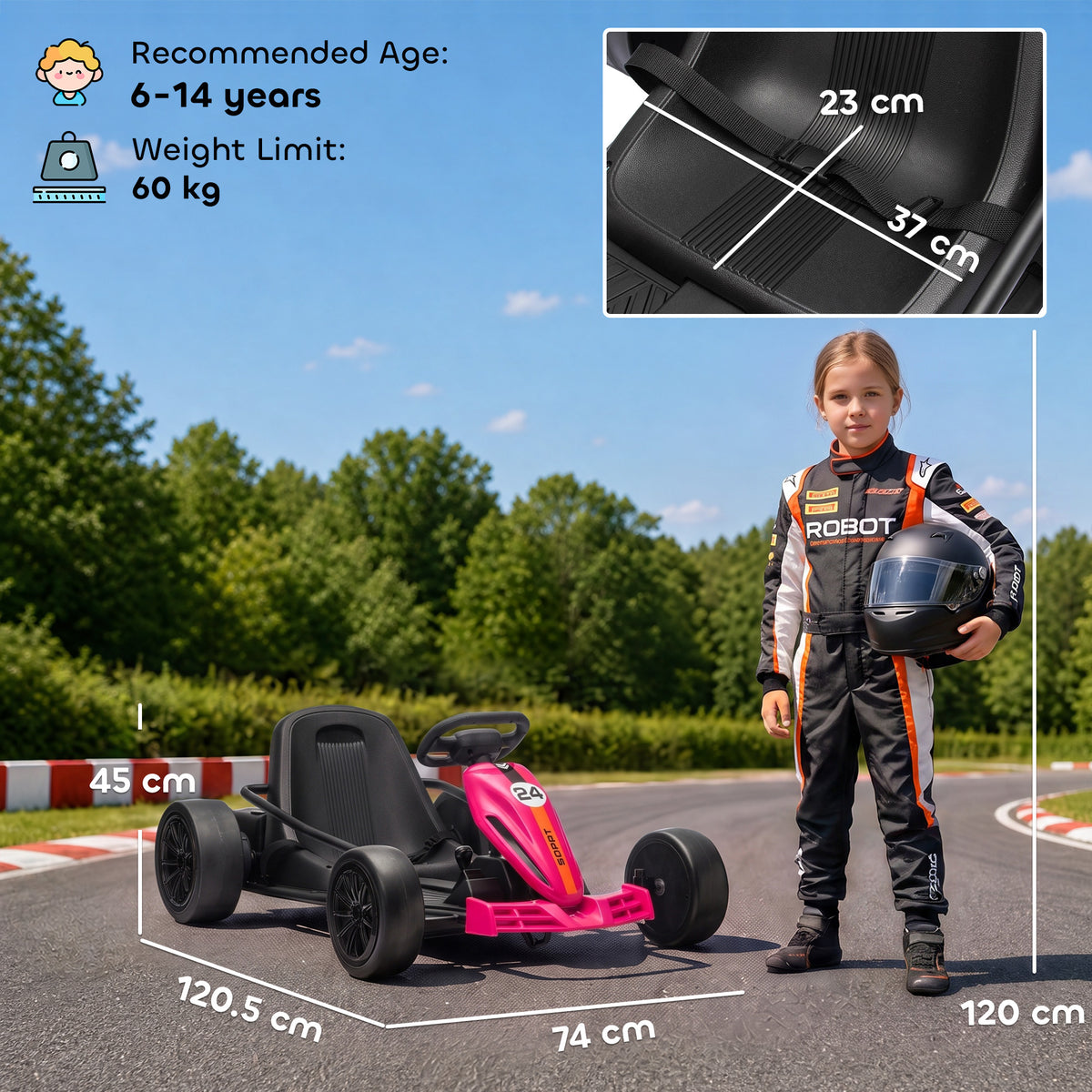 AIYAPLAY 24V Electric Go Kart for Kids, Ride On Racing Go Kart with Dual 150W Motors, 12KM/H Max Speed for Ages 6-14, Pink