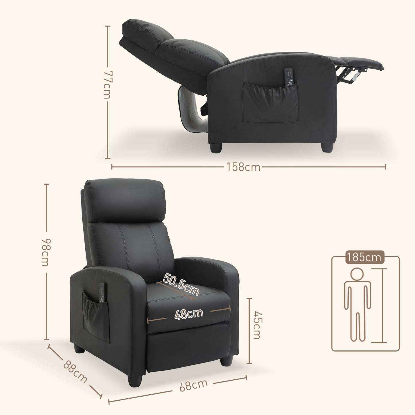 HOMCOM Massage Recliner Armchair with 150Â° Recline, Faux Leather, Side Pocket, Black