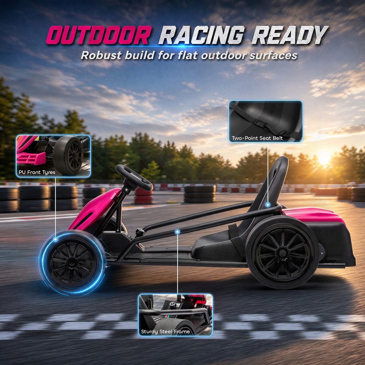 AIYAPLAY 24V Electric Go Kart for Kids, Ride On Racing Go Kart with Dual 150W Motors, 12KM/H Max Speed for Ages 6-14, Pink