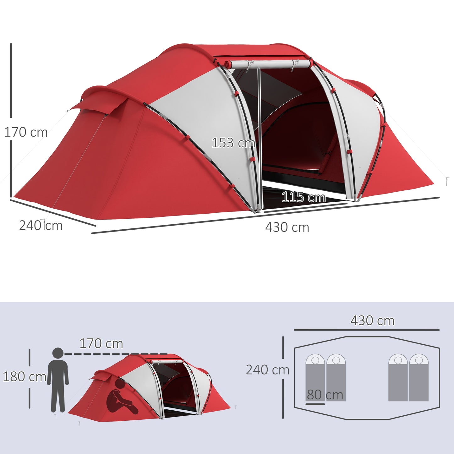 Outsunny 4 Man UV Protection Camping Tent - Grey and Red