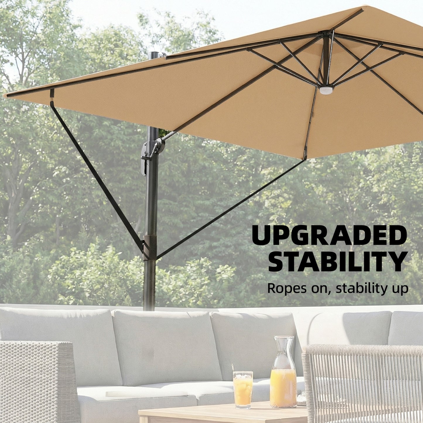 Outsunny 3 x 3 m Garden Cantilever Parasol with Light, Umbrella with Wind Protection, 360Â° Rotation, Khaki