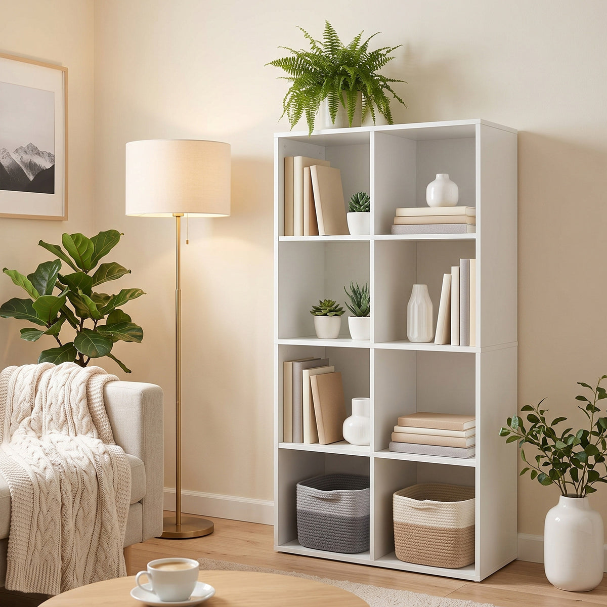 HOMCOM Bookcase with 8 Cubes, 60 x 30 x 121 cm Display Shelf with Anti-Tipping Design, White Wood-Effect
