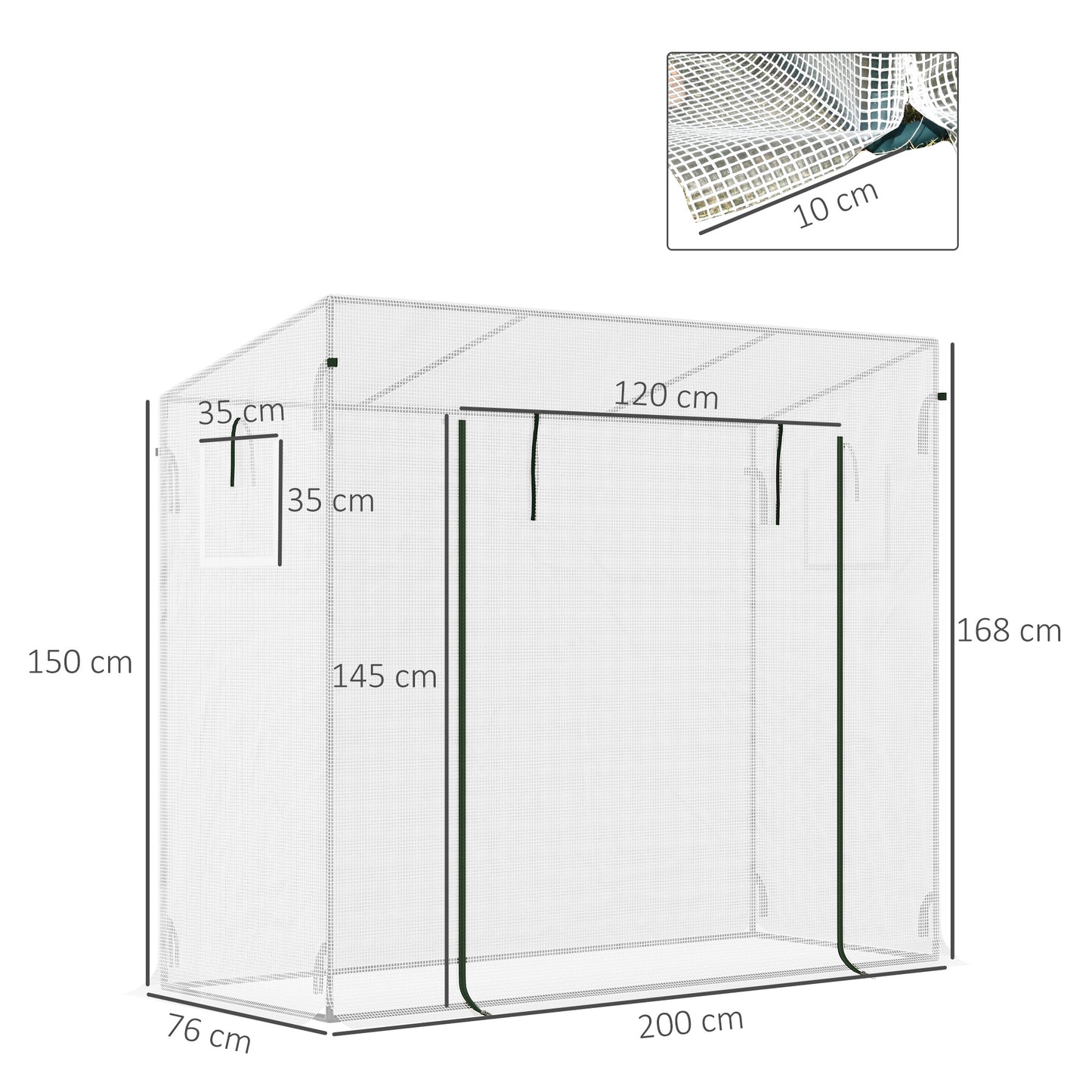 Outsunny Small Walk-in Garden Greenhouse with Steel Frame, Large Roll-up Door and Windows, 200Lx76Wx168Hcm, White