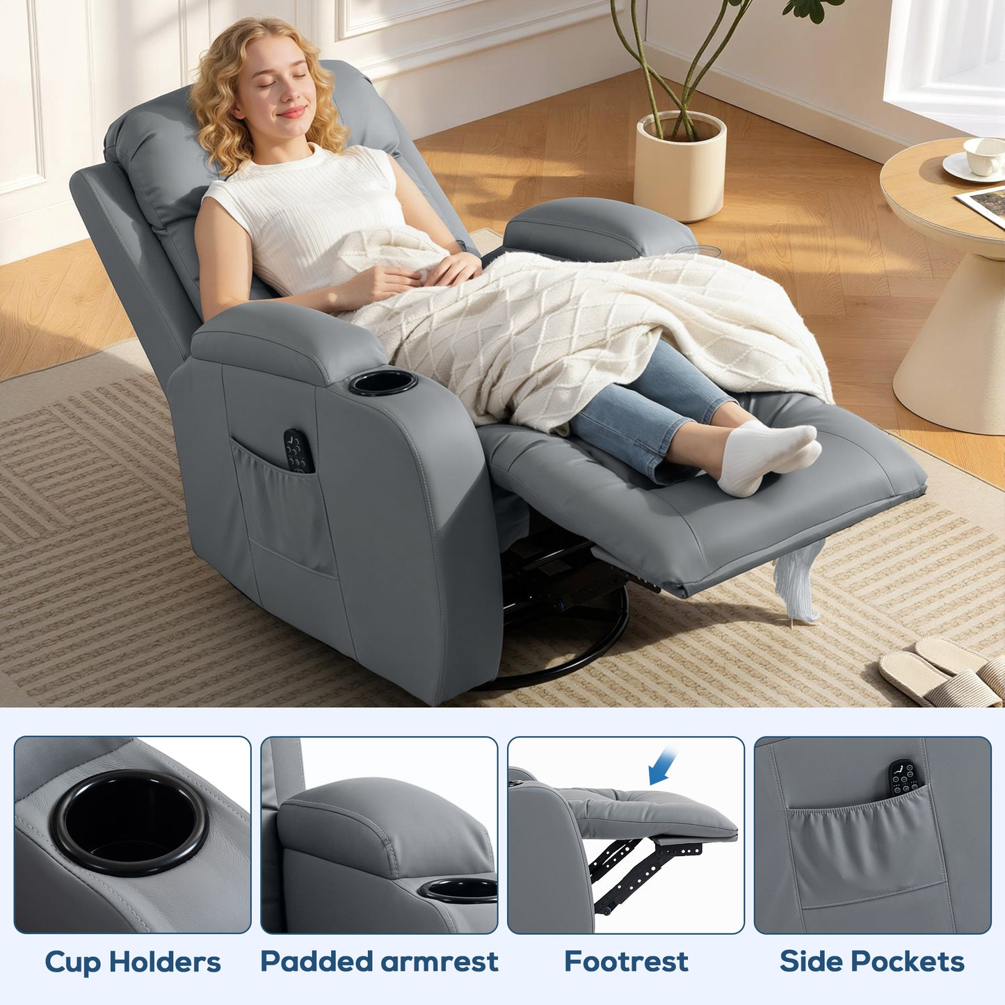HOMCOM Massage Recliner Armchair, PU Leather Recliner Chair, Grey