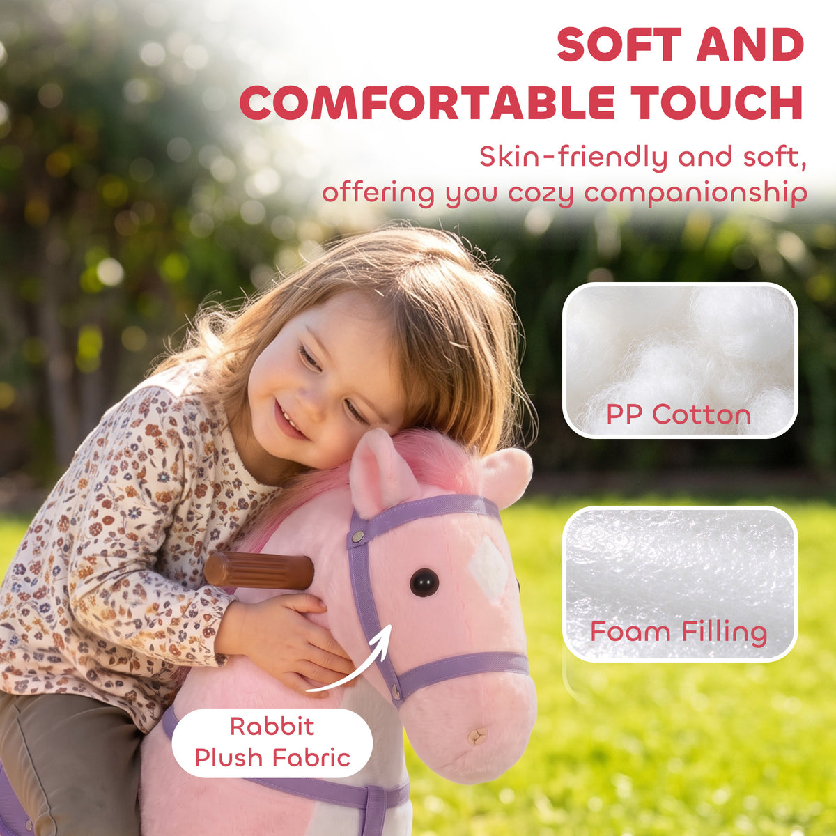 AIYAPLAY Rocking Horse, Plush Ride On Horse with Hoof Sounds, Music, Rolling Wheels and Pedal for 3-7 Years, Up to 50kg, Pink
