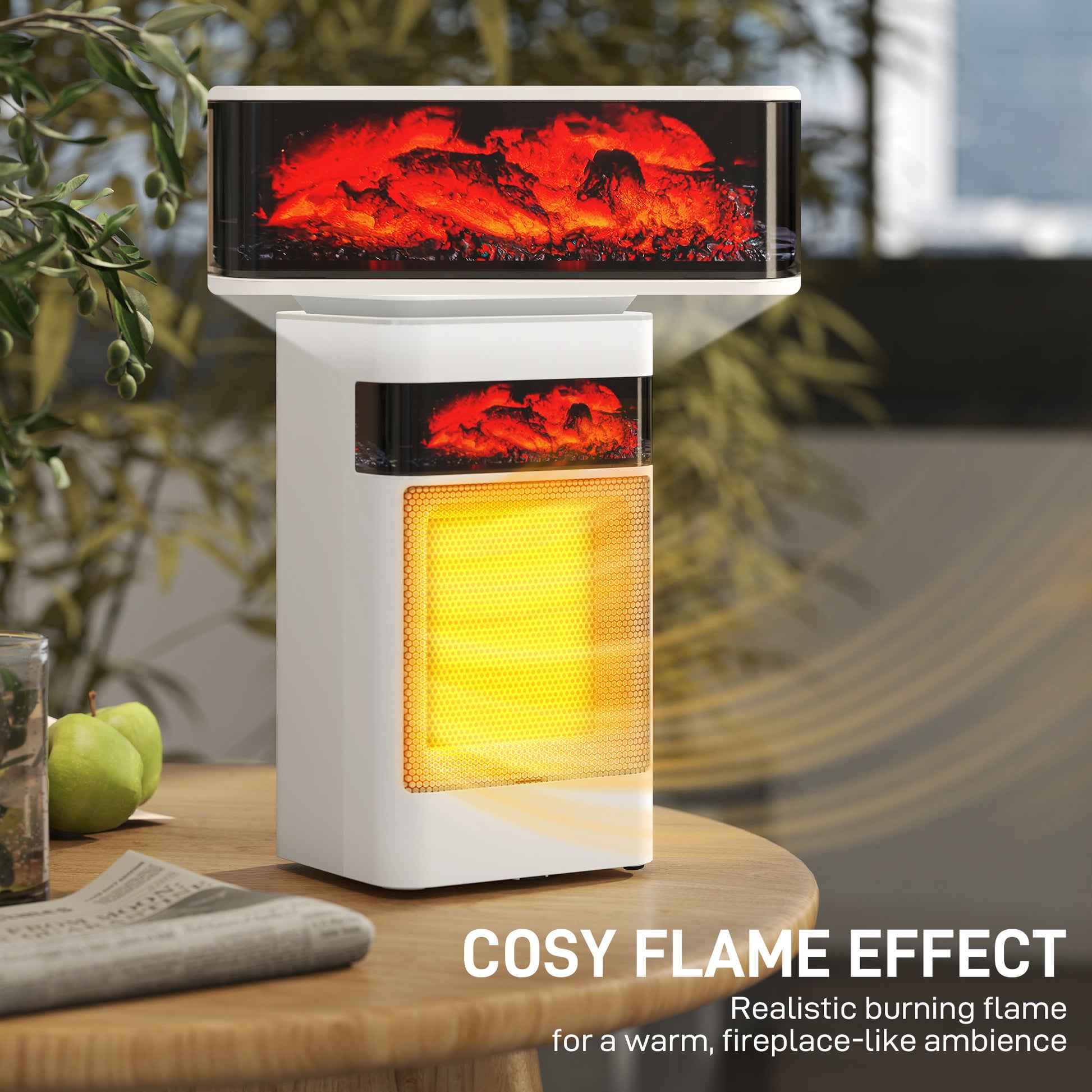 HOMCOM Ceramic Electric Heater, 1500W Fan Space Heater with 3 Modes, 24H Timer, Flame Effect, Oscillation for Bedroom, White