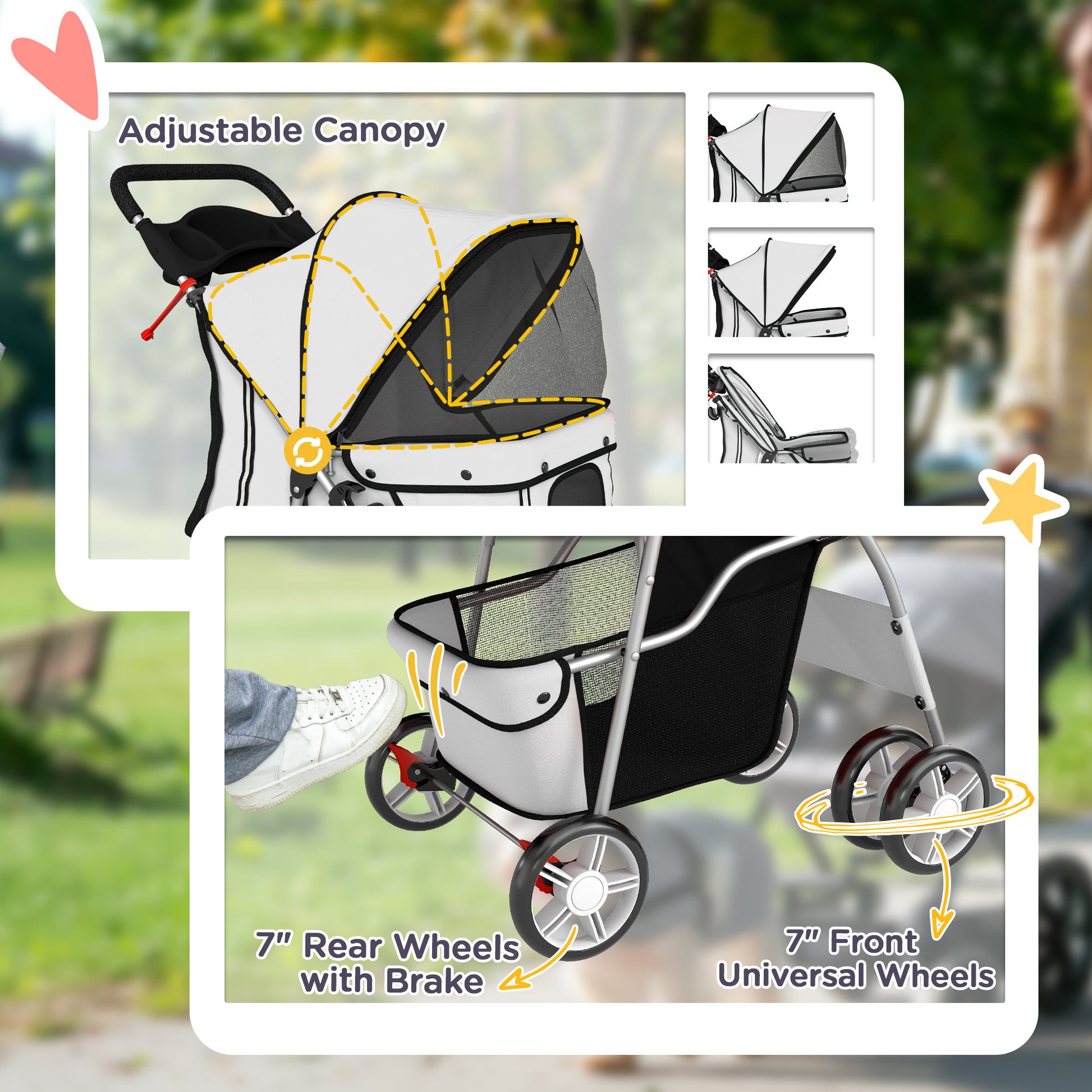 PawHut Dog Pram, Pet Stroller with Reflective Strips, Foldable Cat Stroller with 360Â° Swivel Wheels, Grey