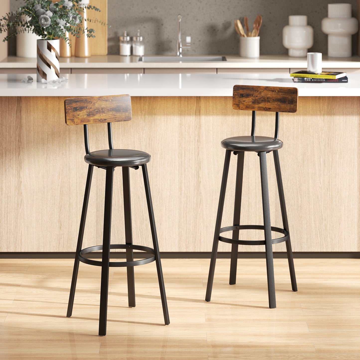 HOMCOM Upholstered Bar Stools Set of 2 with Backrest and Footrest - Rustic Brown and Black
