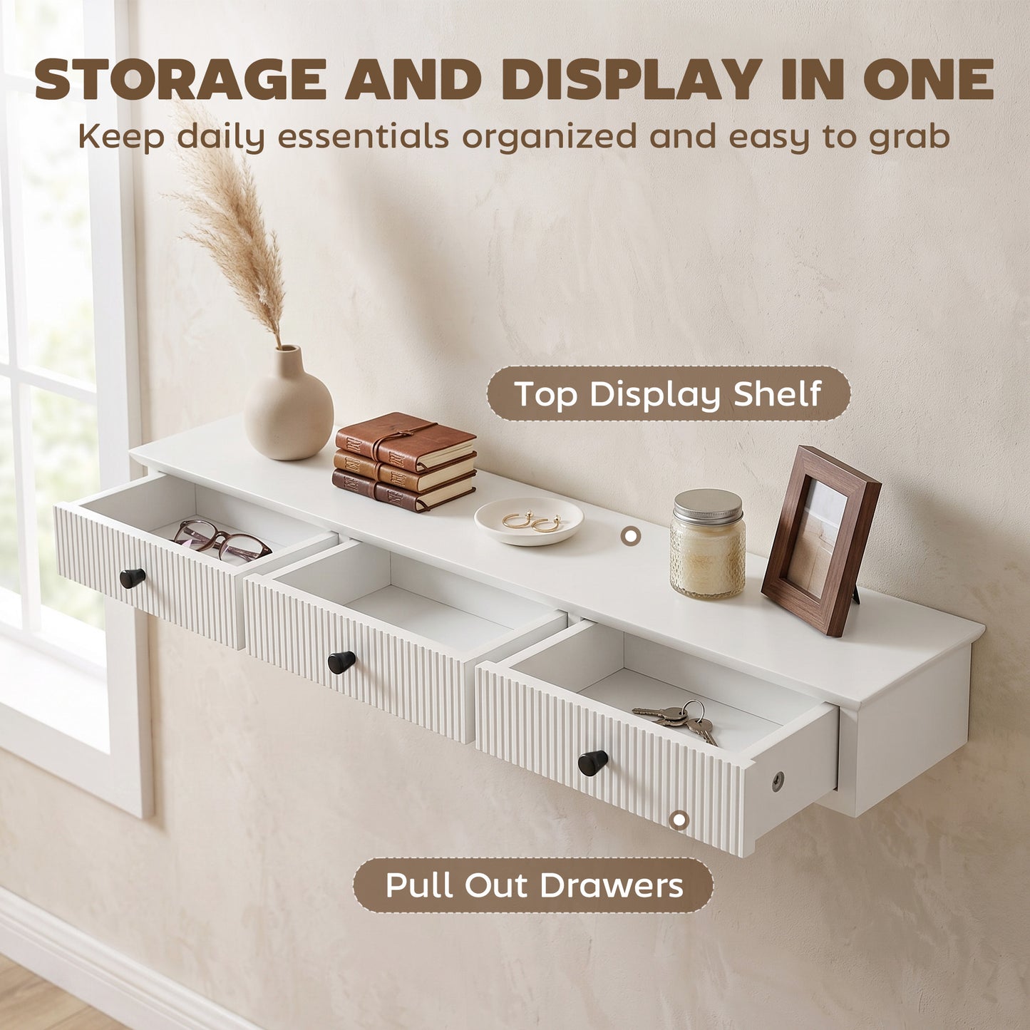 HOMCOM Shelf Wall-Mounted Storage Shelf Shelving Unit MDF 93 x 15 x 10 cm Entryway Kitchen Living Room, White